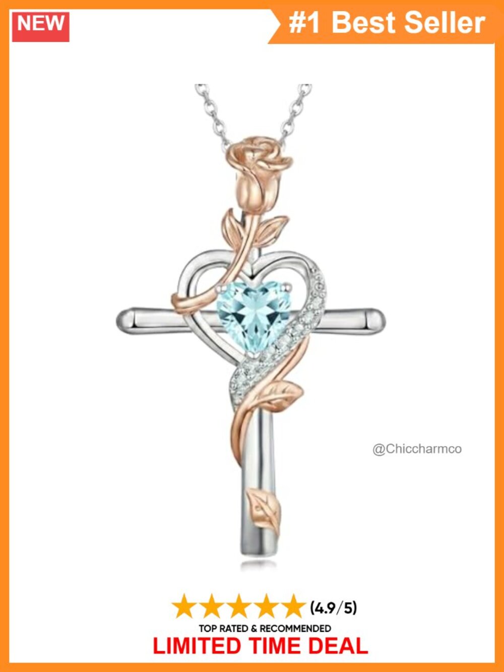 Birthstone Cross Necklace Rose A-Rose Gold Base Metal Pendant Jewelry Gift